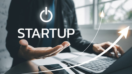 The future of business startups. Business growth graph chart on laptop screen with icon business and...