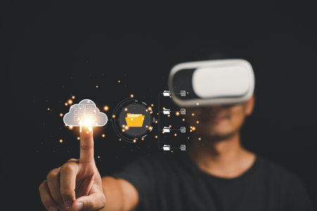 Exploring the virtual metaverse with VR glasses, a man experiences the power of global internet...
