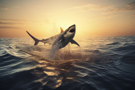 Witness the breathtaking sight of a shark jumping out of the water against a vibrant sunset sky in this captivating stock photo. AI Generative.の素材
