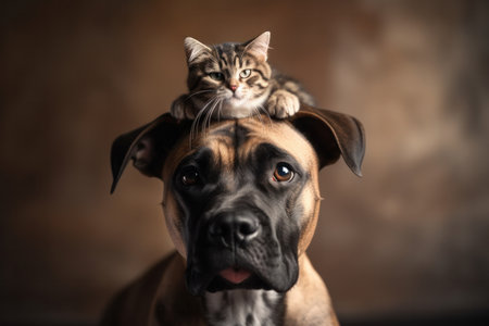 Opposites attract a cat and dog show their love for each other with a cute pose of friendship and loyalty. AI Generativeの素材