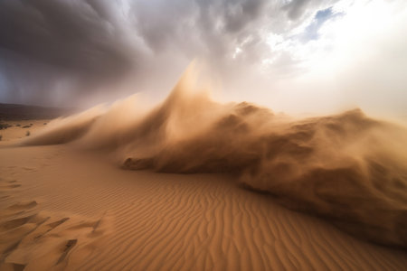 A sand dune of ancient geology, with fossils and fauna hidden within its layers. The horizon stretching out to infinity, with the sky ablaze in the heat of the sun. Change and global warming. AI Generative.の素材