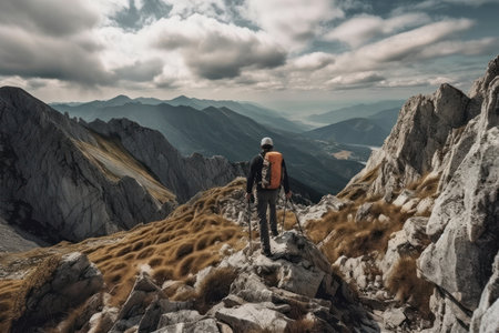 Hiking to the top of the mountain is a rewarding experience, as this man with his backpack shows us. The magnificent view will take your breath away. AI Generative.の素材
