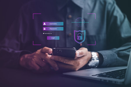 Access personal financial data with futuristic biometric fingerprint scanner on smartphone....