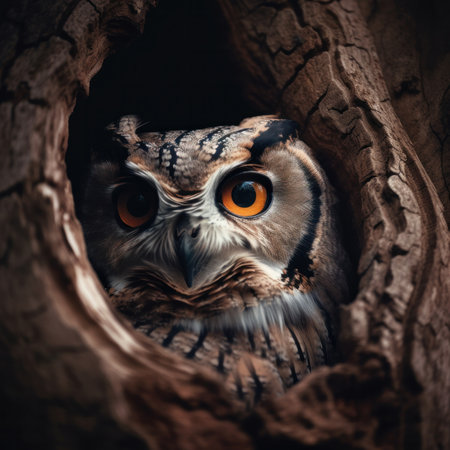 A beautiful bird of prey, an owl perched on a tree branch, its stunning feathers and sharp talons on full display. AI Generative.の素材