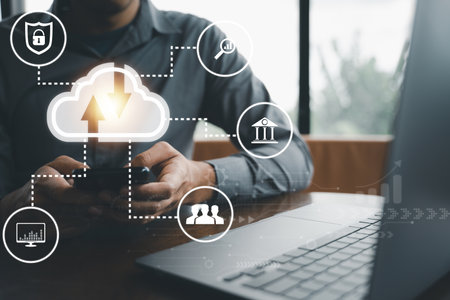 Man presenting cloud computing diagram on virtual screen. Cloud technology and data storage concept....