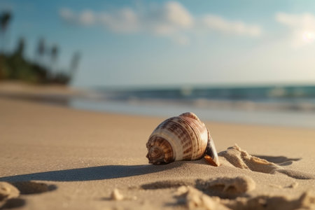 Natures beauty on display: a seashell lying on a sandy beach with the endless ocean in the backdrop, a serene and tranquil image. AI Generative.の素材