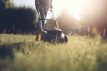 Woman cutting grass with a lawnmower on a sunny day, creating a neat and tidy yard. AI Generative.の素材