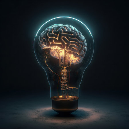 Glowing brain in a light bulb symbolizes creativity and innovation in technology. is AI Generative.の素材