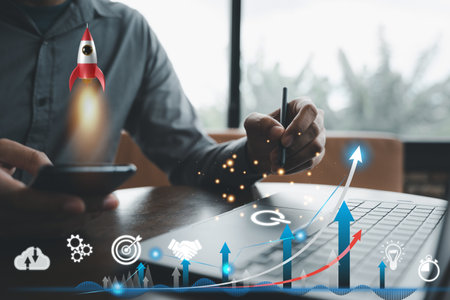Experience the excitement of startup business with this rocket icon launch concept, soaring from a...