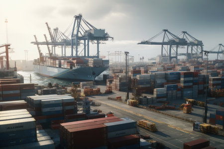 Massive cargo ship surrounded by towering containers in a bustling harbor global trade at work. AI Generative.の素材