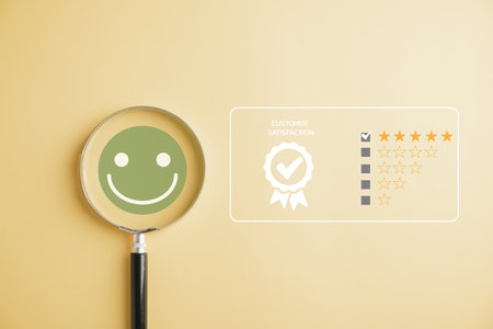 Seeking happiness smiley face icon in magnifying glass amid sadness. Customer satisfaction and evaluation after service or marketing survey. Magnification, satisfaction, reputation, customerの写真素材