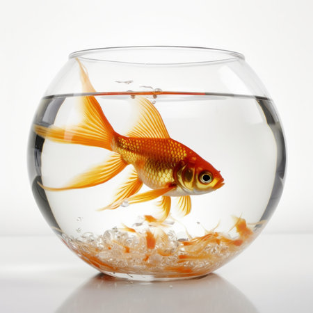 An ornamental goldfish swimming in a clear glass bowl, bringing a touch of aquatic beauty to your home or office. AI Generative.の素材
