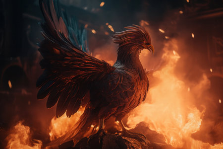 The phoenix bird rises from the ashes, a symbol of hope and renewal amidst the destructive forces of fire and nature. AI Generativeの素材