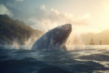 Witness the grace and power of a humpback whale as it jumps out of the ocean, surrounded by the beauty of the marine ecosystem. This breathtaking moment. AI Generative.の素材