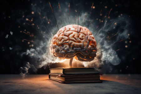 Immerse yourself in the world of literature and storytelling with a book featuring a glowing brain, representing the power of imagination and creativity. AI Generative.の素材
