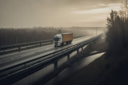 Photo for A semi truck speeds down the highway at dusk, a beacon of the logistics industry, providing critical freight transportation services. Generative AI. - Royalty Free Image