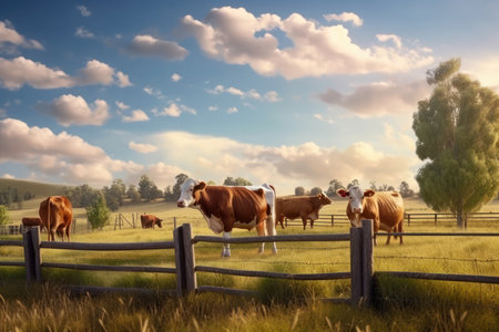 A beautiful scenery of cows grazing on a natural green pasture, surrounded by lush plants and fresh air. The perfect representation of a healthy and sustainable livestock farming. Generative AI.の素材