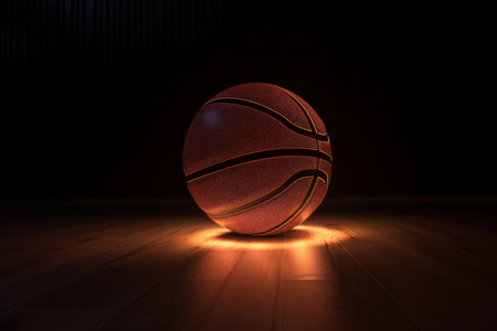 A basketball player shooting the ball towards the hoop on a shiny hardwood court floor. AI Generative.の素材