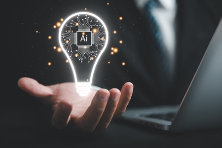 Illuminated by ideas, Businessman protects a glowing light bulb, symbolizing creativity and...