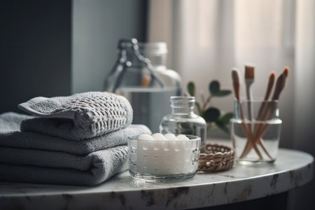 Elevate your self-care routine with this indulgent bathroom decor set, including towels, candles, and wooden table. AI Generative.の素材