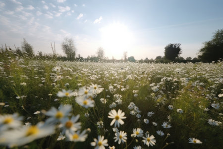 A beautiful and colorful landscape of a field filled with pink and white flowers in full bloom under a blue sky and sunlight. AI Generative.の素材