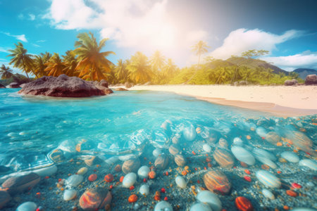 Sandy beach paradise with rocky cliffs, swaying palm trees, and turquoise water is AI Generative.の素材