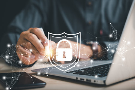Global cybersecurity concept. Businesspeople protect personal information with a shield, using...