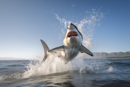 A great white shark jumping out of the water creates a thrilling image of danger and excitement. This action shot in black and white is perfect for adventure and tourism themes. AI Generative.の素材