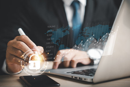 Cybersecurity and network security concept. Businesspeople protect personal information with a...
