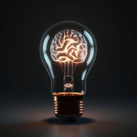 A glowing brain inside a light bulb represents the power of the mind and cognition is AI Generative.の素材