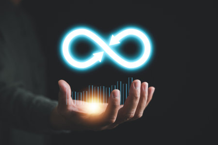 Businessman show circular infinity symbol on hand, depicting circular economy and infinite opportunities. Strategy of sustainable investment, banking, and financial growth. technology infinity dataの写真素材