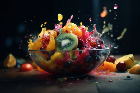 Colorful and tasty fruit salad with a mix of sweet and tangy fruits, including berries, citrus, and kiwi. A perfect low-calorie dessert or snack for a summer day. AI Generative.の素材