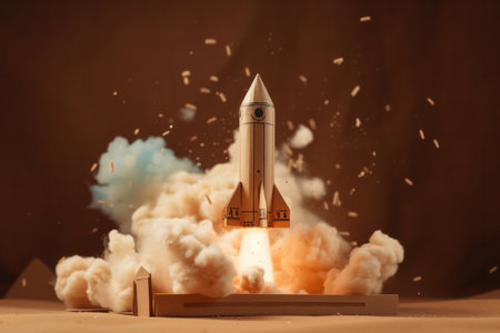 Creative childrens play comes to life as a cardboard box is turned into a rocket ship for a space adventure AI Generativeの素材