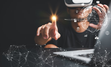 Virtual reality meets cloud computing as a man wearing VR glasses accesses data systems and...
