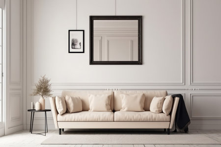 A bright and airy living room features a comfortable white couch and natural light streaming through the window for a peaceful and relaxing space. AI Generative.の素材