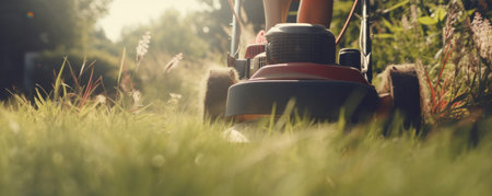 Woman cutting the grass with a manual lawnmower, enjoying the physical activity and sunny day. AI Generative.の素材