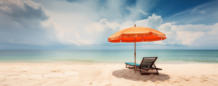 A luxurious beachside paradise - beach chairs and an umbrella on a white sand beach with crystal-clear blue waters and a cloudy sky. Perfect for travel and resort concepts. AI Generative.の素材