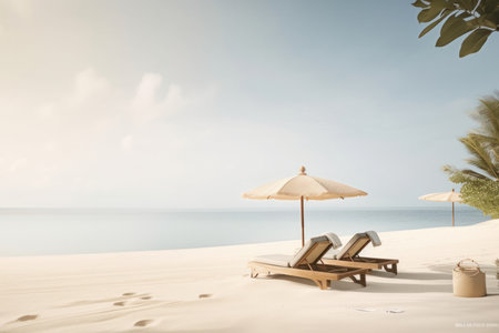 Sandy beach with beach chairs and an umbrella, inviting vacationers to soak up the sun and enjoy the beautiful scenery of the sea and sky, AI Generative.の素材