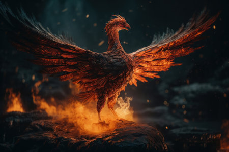 A powerful phoenix bird, with its majestic wings and striking plumage, stands before a raging inferno, embodying the transformative power of nature. AI Generativeの素材