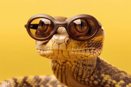 A humorous snake in sunglasses, a creature of humor and fun in the wild. With its slithering and crawling behavior, a fascinating fauna in nature and biology. AI Generative.の素材
