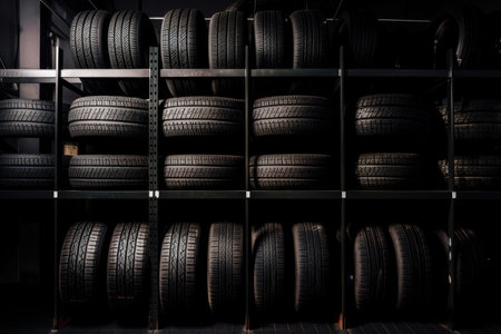 In a well-organized tire warehouse, rows of black rubber tires are stacked neatly on shelves, ready for use on any vehicle. This incredible image was created using AI Generative technology.の素材