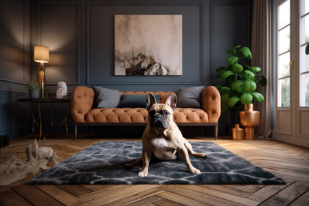 A faithful companion resting in front of a cozy couch, bringing a sense of calm and relaxation to any space. Generative AI.の素材