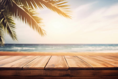 Relax and unwind with a breathtaking view of the ocean and serene beach landscape. Wooden table and deck chairs. AI Generative.の素材