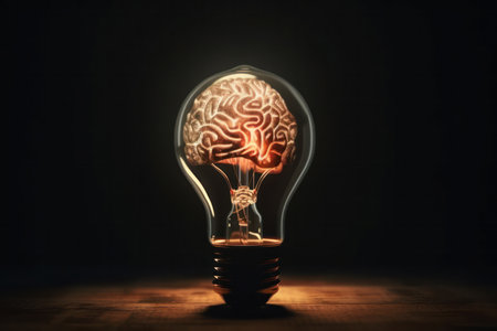 Light bulb with a glowing brain inside represents the power of idea and intelligence, and the potential for innovative thinking. showcasing the concept of vision. AI Generativeの素材