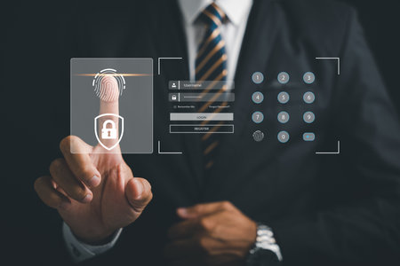 Futuristic biometric identification fingerprint scanner with pointing finger. Concept of surveillance and security scanning in cyber applications. Unlock future of technology and information privacy.の写真素材