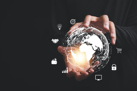 Worldwide Data Analysis, A businessman harnesses power of technology, using a dashboard to analyze...