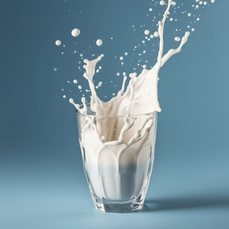 An artistic composition of milk splash on blue surface, perfect for modern kitchen design is AI Generative.の素材