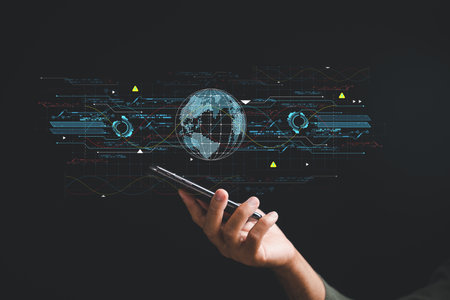 Global business concept with IoT and E-commerce. Man using mobile phone for online shopping and...