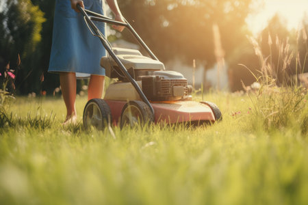 A woman in a hat pushing a manual lawnmower across a green yard on a sunny day is AI Generative.の素材
