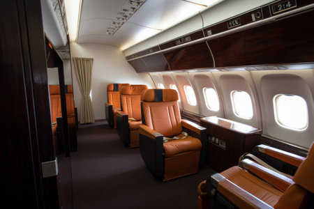 The interior of an airplane with an emphasis on the safety features, such as the seat belts and oxygen masks AI Generative.の素材